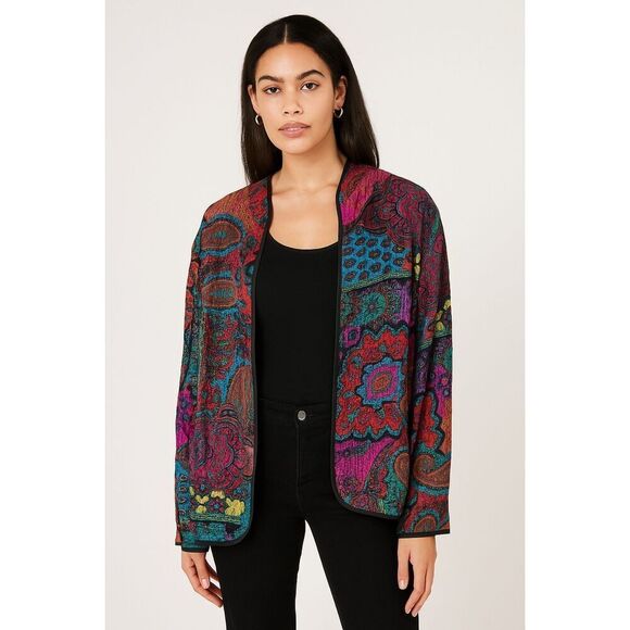 Vintage Chico’s 100% Silk Quilted Open Front Boho Paisley Jacket - Picture 1 of 9